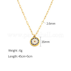 303 Stainless Steel Enamel Flat Round with White Flower Pendant Necklaces for Women&nbsp;FS-WGC7F5D-01