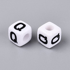 不透明なアクリルビーズ  番号の立方体  エナメル  ブラック  文字Q  7.5~8x7.5~8x8~8.5mm  穴：3.6~4mm  約1200個/500g&nbsp;SACR-N020-04A-Q