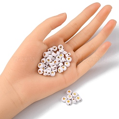 メッキアクリルビーズ  ライン入り  ハート付きフラットラウンド  ホワイト  6.5~7x3.7mm  穴：1.8mm&nbsp;PACR-YW0001-13
