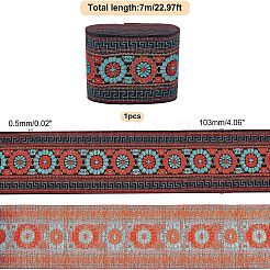 エスニック風刺繍ポリコットンリボン  ジャカードリボン  金、黒、水色の花柄  服飾材料  レッド  4-1/8インチ（103mm）  約7 M /バンドル&nbsp;OCOR-WH0073-28