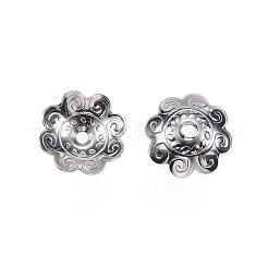 変色しにくい201ステンレススチールビーズキャップ  花  マルチ花弁  ステンレス鋼色  10.5x3mm  穴：1mm&nbsp;STAS-F040-23-P