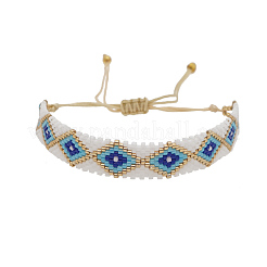 MIYUKIシード編みこみビーズブレスレット  女性のためのナザールボンジュウの友情のブレスレットとひし形  ブルー  11インチ（28cm）&nbsp;BJEW-A121-28