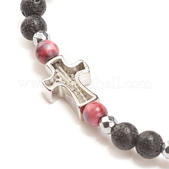 Natural & Synthetic Mixed Gemstone Beaded Stretch Bracelet with Clear Cubic Zirconia Cross for Women&nbsp;BJEW-JB08247-01