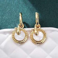 Flat Round with Snake Brass Shell Hoop Earrings&nbsp;KK-D363-21G