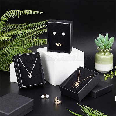 Kraft Cotton Filled Cardboard Paper Jewelry Set Boxes, for Ring, Necklace,  Earring, with Sponge inside, Rectangle, Black, 9x7x3cm, Inner Size: