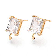 Brass with Cubic Zirconia Stud Earring Findings, Cadmium Free & Nickel Free & Lead Free, Rectangle, with Vertical Open Loops, Real 18K Gold Plated, Clear, 12x7mm, Hole: 1.6mm, Pin: 0.9mm