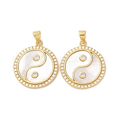 Brass Micro Pave Cubic Zirconia Pendants, Cadmium Free & Lead Free, with Shell, Real 18K Gold Plated, Yin-Yang, Clear, 24.5x21.5x2.5mm, Hole: 3.5mm