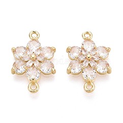 Brass Pave Clear Cubic Zirconia Connector Charms, Flower Links, Long-Lasting Plated, Golden, 13x19.5x4mm, Hole: 1.2~1.5mm