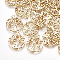 Brass Pendants, Cadmium Free & Nickel Free & Lead Free, Flat Round with Tree of Life, Real 18K Gold Plated, 18x15x1.5mm, Hole: 1.2mm