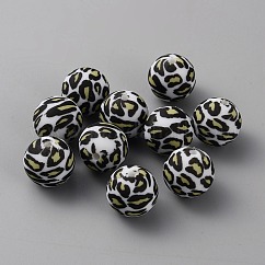 Round with Leopard Print Pattern Food Grade Silicone Focal Beads, DIY Nursing Necklaces Making, Light Khaki, 15mm, Hole: 2.5mm