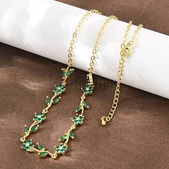 真鍮製パヴェキュービックジルコニアフラワーリンクチェーンネックレス  カドミウムフリー＆鉛フリー  ラックめっき  長持ちメッキ  18KGP本金メッキ  グリーン  17.28インチ（43.9cm）&nbsp;KK-CBA4547-18G-03