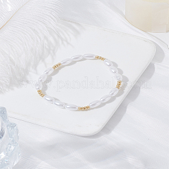 女性用 ABS プラスチック模造真珠ライスビーズストレッチブレスレット 1 個  ホワイト  内径：2-1/8インチ（5.5cm）  5.8mm&nbsp;BJEW-LP0002-50