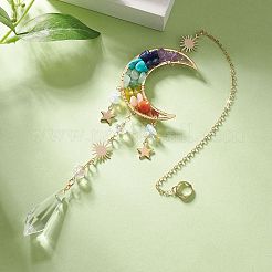天然石チップムーンペンダント装飾  サンキャッチャー  ティアドロップガラスペンダント付き  星/太陽  320mm&nbsp;HJEW-TA00017