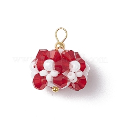 ガラスチャーム  花  ガラスシードビーズと真鍮ループ付き  多面カット  レッド  17.5x16mm  穴：2.3mm&nbsp;PALLOY-MZ00673-02