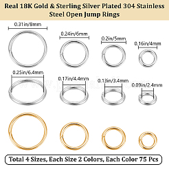 600個 8スタイル 304ステンレススチールオープン丸カン  ラウンド  DIYジュエリー製作用  ゴールデン＆シルバー  4~8x0.8mm  20ゲージ  内径：2.5~4.4mm  75個/スタイル&nbsp;STAS-BBC0008-84