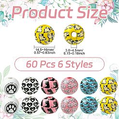 60 個 6 スタイルの木製ビーズ  印刷  ミックスカラー  15.5~16x14.5~15.5mm  穴：3.8~4.5mm  10個/スタイル&nbsp;WOOD-CJ0002-40