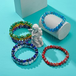 7 個 7 色天然風化瑪瑙 (染色) & ランプワークナザールボンジュウラウンド ビーズ ストレッチ ブレスレット セット  女性用ジェムストーンスタッカブルブレスレット  ミックスカラー  内径：2-1/8インチ（5.5cm）  ビーズ：8mm  1pc /カラー&nbsp;BJEW-JB08958