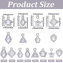 80本8スタイルアロイペンダント  キュービックジルコニア付き  プラチナ  11~15x8~10x5~6mm  穴：1mm  10個/スタイル&nbsp;ZIRC-SP0001-13P