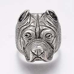 304ステンレススチール子犬用指輪  ワイドバンドリング  ブルドッグヘッド  アンティークシルバー  サイズ11  21mm&nbsp;RJEW-G091-12-21mm