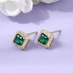 真鍮製マイクロパヴェキュービックジルコニアスタッドピアス  正方形  ラックめっき  長持ちメッキ  カドミウムフリー＆鉛フリー  18KGP本金メッキ  8x8mm&nbsp;EJEW-G471-06G
