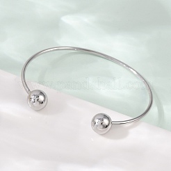 304ステンレススチールオープンカフブレスレット  女性のためのトルクバングル  丸いボール  ステンレス鋼色  3/8インチ（1cm）  内径：2-1/2インチ（6.25cm）&nbsp;BJEW-R019-01P-01