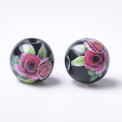 プリント＆スプレー塗装ガラスビーズ  花模様の丸  ブラック  8~8.5x7.5mm  穴：1.4mm&nbsp;GLAA-S047-03A-09