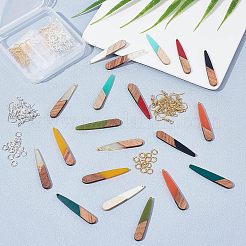 DIYティアドロップダングルイヤリング作成キット  22個入り11色レジン＆ウォールナットウッドペンダント  44個2色真鍮ピアスフックと44個2色丸カン  ミックスカラー  ペンダント：44x7.5x3mm  穴：1.2mm  2個/カラー&nbsp;DIY-OC0006-32