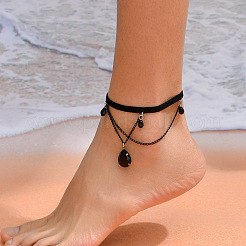 Glass Teardrop Tassel Alloy Chain Velvet Cord Anklets for Women&nbsp;FS-WGE307F-01