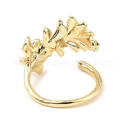 Brass Leaf Open Cuff Ring with Natural Pearl Beaded for Women&nbsp;RJEW-K090-02G