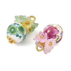 プリントされた手作りの磁器ビーズペンダント  アクリルと真鍮を使用  花のチャームが付いた円形  ゴールドカラー  ミックスカラー  19x12x10mm  穴：2.5mm  約50個/袋&nbsp;PALLOY-JF05907