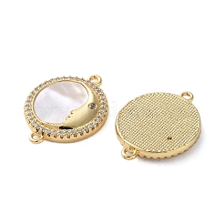 Brass Micro Pave Cubic Zirconia Flat Round with Moon Face Connector Charms&nbsp;KK-U070-07G