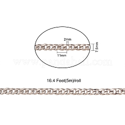 304ステンレススチールキューバチェーン  分厚いカーブチェーン  溶接されていない  スプールで  ステンレス鋼色  7.5x2mm  約16.4フィート（5m）/ロール&nbsp;CHS-CJ0001-27B