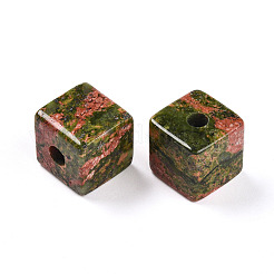 天然unakiteヨーロッパのビーズ  大穴キューブビーズ  15~16.5x15~16.5x15~16.5mm  穴：4.5~5.5mm&nbsp;G-N345-07A-04