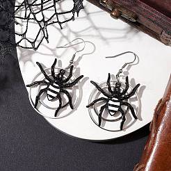 合金エナメルと真鍮のぶら下がりイヤリング  スパイダー＆リング ロングドロップイヤリング  プラチナ  60x35mm&nbsp;EJEW-TA00432