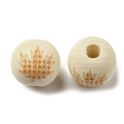 秋の木のヨーロッパのビーズ  プリントされた大穴ビーズ  ラウンド  葉  16mm  穴：4mm&nbsp;WOOD-H105-04B-02