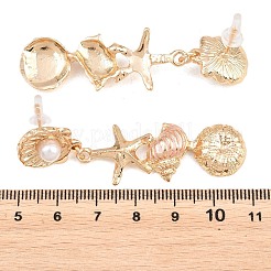 合金エナメルとプラスチックパールのスタッドピアス  ゴールドカラー  ヒトデ  62x16mm&nbsp;EJEW-Z172-05G-03