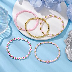 5個 5スタイル ハートアクリル&ガラスシードビーズストレッチブレスレットセット  女性用スタッカブルブレスレット  ピンク  内径：2~2-3/8インチ（5.2cm）  1個/スタイル&nbsp;BJEW-JB10473-02