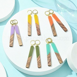 ツートンカラーの樹脂とクルミ材の長方形ダングルフレンチフックピアス  ゴールド 304 ステンレス ロング ドロップ イヤリング  ミックスカラー  68x12mm&nbsp;EJEW-JE05503