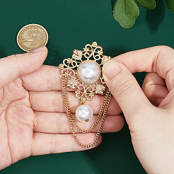 1個の花の合金模造真珠のフリンジブローチ  吊り下げチェーンブローチ  ライトゴールド  82x47x14mm&nbsp;JEWB-FH0002-30
