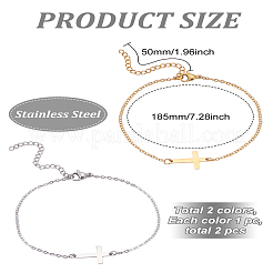 2個 2色 201ステンレススチールアズキチェーンブレスレット 女性用 男性用  クロス  ゴールデン·ステンレス鋼色  7-1/4インチ（18.5cm）  1pc /カラー&nbsp;BJEW-LP0001-46