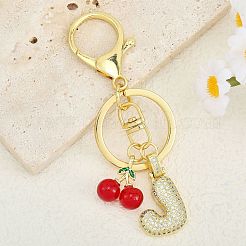 真鍮マイクロパヴェクリアキュービックジルコニアレターペンダントキーチェーン  バッグの飾りに使える合金キーホルダーとランプワークのチェリーチャーム  文字J  87mm  ペンダント：30mm&nbsp;KEYC-SW00015-J