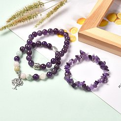 ナチュラルアメジスト＆モルガナイトストレッチブレスレットセット男性女性用  チベット風の仏頭と生命の木の愛のブレスレット  パープル  内径：2-1/8インチ（5.5cm）  3個/セット&nbsp;BJEW-JB06693