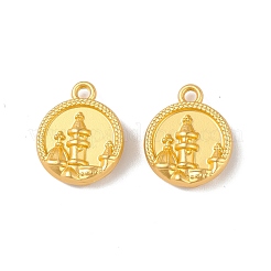 合金ペンダント  フラットラウンド、城のチャーム付き  ゴールドカラー  15.5x13x4mm  穴：1.5mm&nbsp;PALLOY-M205-02G