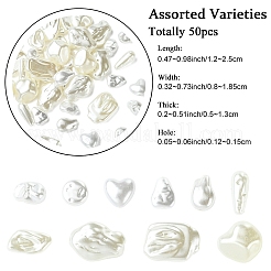 50 個 10 スタイル ABS プラスチック模造パールビーズ  混合図形  12~25x8~18.5x5~13mm  穴：1.2~1.5mm  5個/スタイル&nbsp;KY-YW0002-30