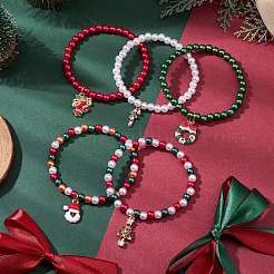 5Pcs 5 Styles Christmas Theme Acrylic Imitation Pearl & Alloy Enamel Stretch Charm Bracelet Sets for Women&nbsp;BJEW-JB11199