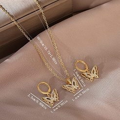 バタフライ真鍮マイクロパヴェクリアキュービックジルコニアペンダントネックレス＆フープピアスセット  ゴールドカラー  400mm&nbsp;FS-WG0D8FB-01