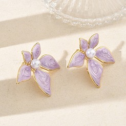 女性用304ステンレススチール製エナメル＆ABS樹脂パールスタッドピアス  花  PVD真空メッキ  ゴールドカラー  ライラック  28x29mm&nbsp;SA-CBA2696-28G-02