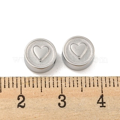 変色しにくい304ステンレススチールビーズ  ハート付きフラットラウンド  ステンレス鋼色  8x3.5mm  穴：2mm&nbsp;STAS-P356-04P