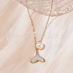 304 Stainless Steel with Natural White Shell Whale Tail Pendant Necklaces with ABS Plastic Pearl Round Beads&nbsp;NJEW-C114-01G