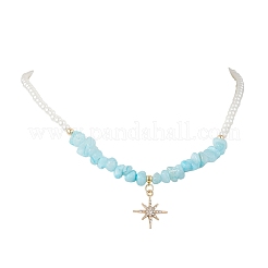 Alloy Crystal Rhinestone Star Pendant Natural White Jade Chip and Round White Glass Pearl Beaded Necklaces&nbsp;NJEW-JN05696-02